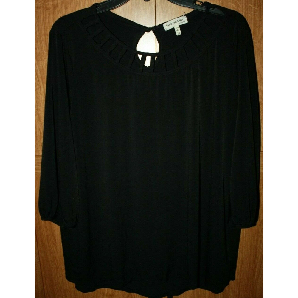 Faith and Joy Women's Blouse Black 3/4 Sleeve Size 1X Neck Cutouts GUC
